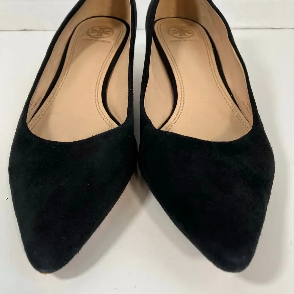 Tory Burch Sz 9 Greenwich Black Suede Kitten Heels Pointed Toe Logo Heel